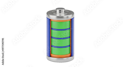 Vector illustration of 3d illustration of a cylindrical battery with green charge level segments on a transparent background