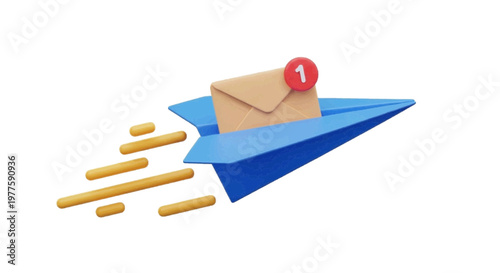 Vector illustration of 3d paper plane carrying a mail envelope with a notification icon on a transparent background