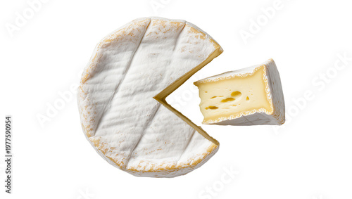 Tableau sur toile Round brie cheese with a slice removed, isolated on transparent background