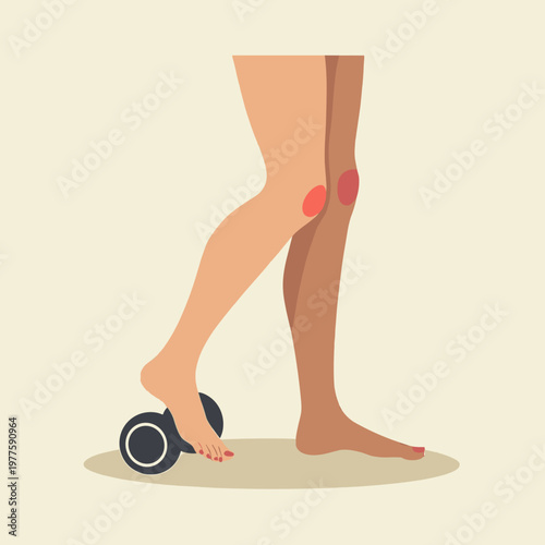A medical-style illustration in profile. A female foot presses onto a small black fascia roller, showing red discomfort spots on both knees, with copy space.