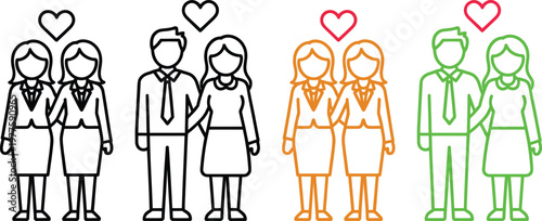 Illustrations of school couples showing affection in various styles