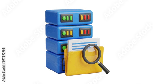 Vector illustration of 3d illustration of a server rack with a yellow file folder and magnifying glass on a transparent background