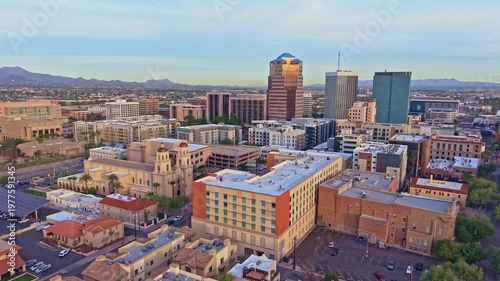 Wide aerial panorama shows Tucson skyline and surrounding desert landscape in Arizona