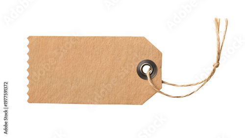 Brown kraft paper luggage tag with metal eyelet and twine, isolated on transparent background