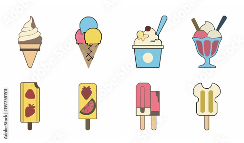Minimal ice cream and popsicle vector icons
