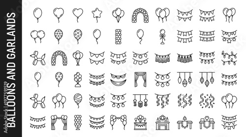 Balloons and garlands including round balloons, heart balloons, star balloons, foil balloons, latex balloons, helium balloons,