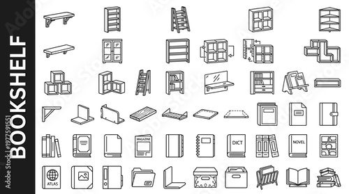 Bookshelf line style icons, 40 unique objects including wall-mounted shelf, standing bookshelf, ladder shelf, cube shelf, corner