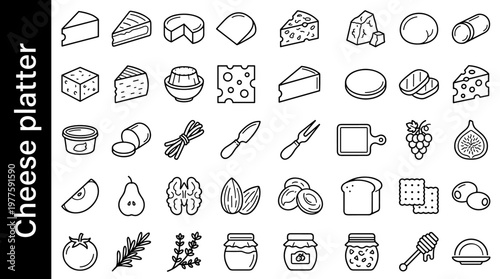 Cheese platter line style icons, 40 unique objects including cheddar wedge, brie wedge, camembert wheel, gouda slice, blue cheese