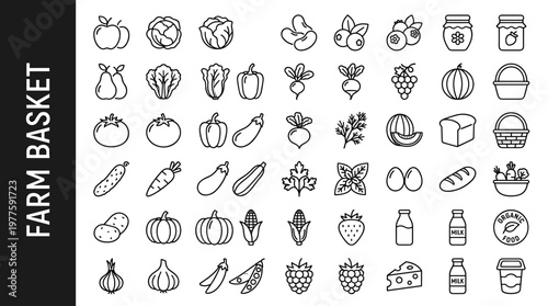 Farm basket filled with vegetables and fruits including apples, pears, tomatoes, cucumbers, carrots, potatoes, onions, garlic,