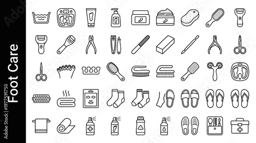 Foot care items including foot bath tub, foot spa machine, foot cream tube, foot lotion bottle, heel balm, foot scrub jar, pumice