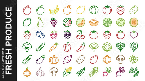 Fresh produce line style icons, 40 unique objects including red apple, green apple, banana, orange, lemon, lime, pear, grapes,