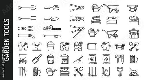 Garden tools including shovel, spade, rake, hoe, pitchfork, trowel, hand fork, cultivator, pruning shears, garden scissors, hedge