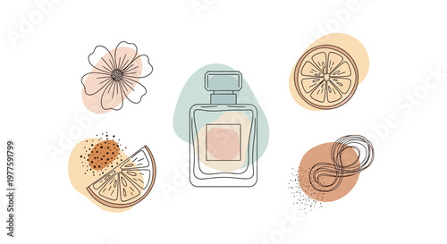 Perfume Bottle with Flowers and Fruits.