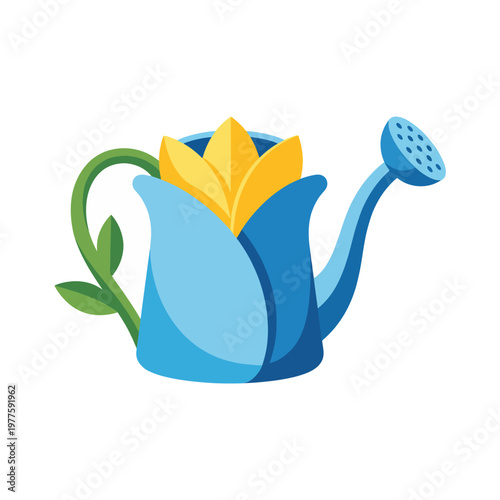 A whimsical illustration of a watering can designed as a stylized flower, representing gardening, growth, and the beauty of nurturing nature in a playful manner.