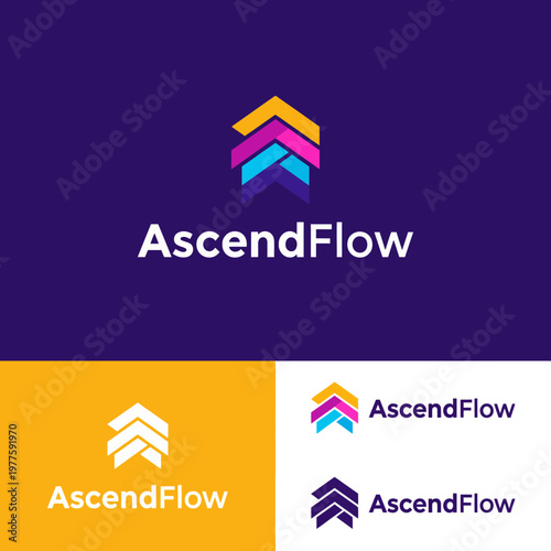 A modern logo design featuring geometric shapes and vibrant colors that represent growth, progress, and ascension in a clean, appealing style for the AscendFlow brand.