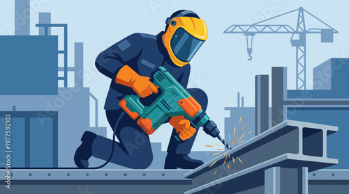 A construction worker wearing protective gear operates a power drill on a metal structure, illustrating the challenges, dedication, and safety measures integral to construction work.