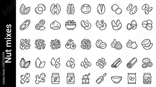 Nut mixes line style icons, 40 unique objects including almonds, cashews, walnuts, pecans, hazelnuts, pistachios, macadamia nuts,