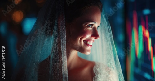 Smiling bride in veil portrait against blurred background