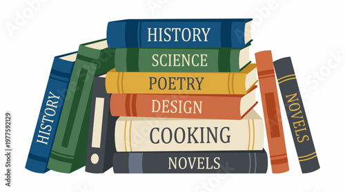 This image features a vibrant stack of books covering diverse topics like history, science, poetry, and cooking, representing the richness of knowledge and learning.