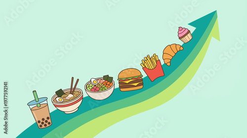 This colorful image highlights various popular food items arranged on a rising arrow, symbolizing increasing food trends and evolving culinary preferences.