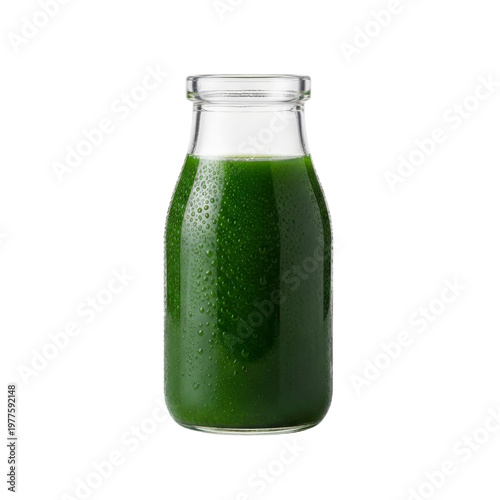 Green juice in a glass bottle with water droplets