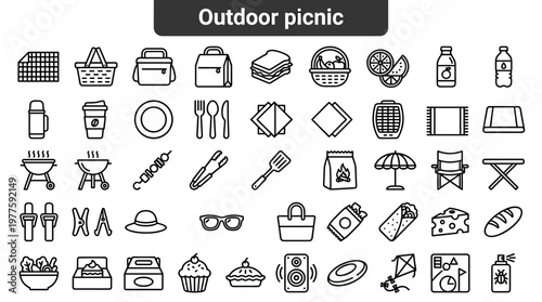 Outdoor picnic line style icons, 40 distinct items including picnic blanket, picnic basket, cooler bag, insulated lunch bag,