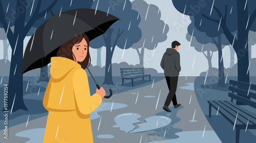 This emotional image depicts a woman holding an umbrella in a rainy park, highlighting feelings of sadness and loneliness after a relationship has ended.