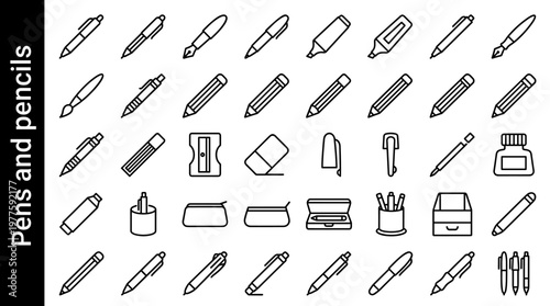 Pens and pencils line style icons, 40 unique objects including ballpoint pen, gel pen, fountain pen, rollerball pen, marker,
