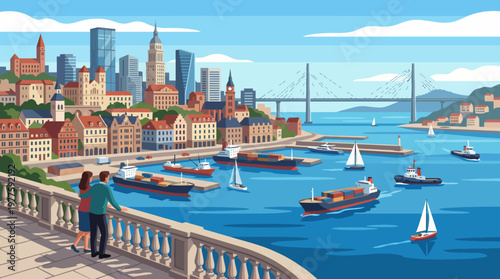 A beautiful landscape features a waterfront with various boats, and a dynamic skyline filled with modern architecture, emphasizing urban life and scenic beauty.