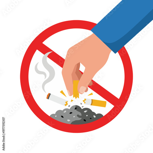 This no smoking sign depicts a hand extinguishing cigarettes. It serves as a strong visual reminder to promote a smoke-free environment and healthier choices.