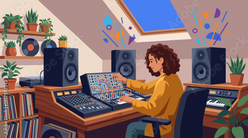 An artist engages with a synthesizer in a cozy music production studio ambiance filled with records and plants, encapsulating creativity and innovation in music making.