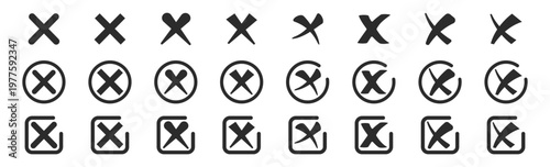 Cross icon set, xmark cancel symbols, close and delete signs, user interface elements, rejection and error indicators on transparent background