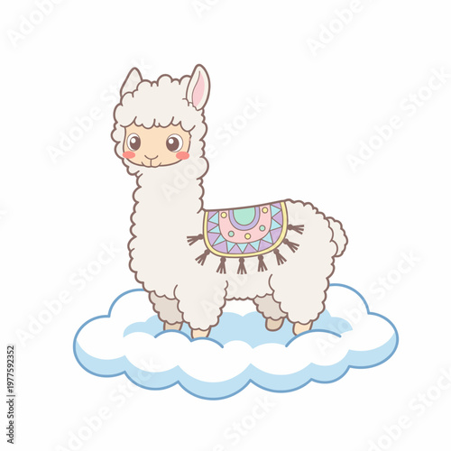 A whimsical cartoon alpaca with a decorative saddle stands on a fluffy cloud, symbolizing playfulness, charm, and the delightful aspects of whimsical art for children.