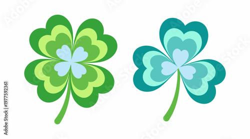 Two artistic clover leaves in vibrant shades of green represent luck and growth, showcasing imaginative design and creative interpretation of nature's beauty.