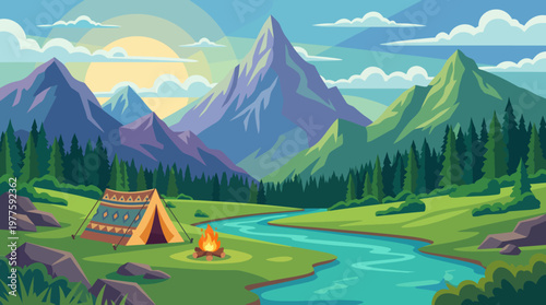 A picturesque scene of majestic mountains surrounding a camping tent by a river, capturing the beauty of nature and the essence of outdoor adventure and tranquility.