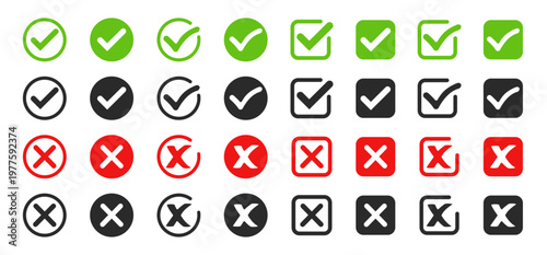 Checkmark and cross icon set, tick approval and xmark cancel symbols, checkbox and close signs, user interface elements for confirmation and rejection on transparent background