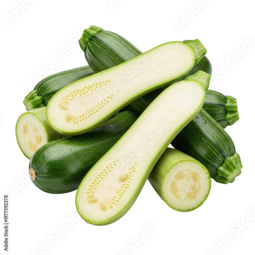 Pile of fresh zucchini cut in half