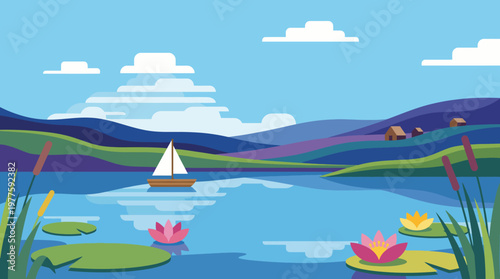 A tranquil landscape of a serene lake with a sailboat gliding over the still water, surrounded by flowering water lilies, illustrating nature's calm and beauty.