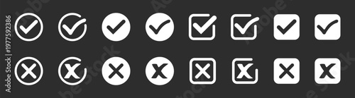 Checkmark and cross icons collection, tick and cancel symbols, user interface elements for web and app design, confirmation and rejection signs