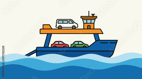 An illustration of a car ferry transporting vehicles across water, showcasing a modern vessel with cars on deck, symbolizing efficient vehicle transportation.