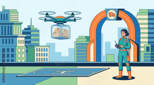A futuristic scene depicting a delivery drone hovering above a helipad, with a person controlling it amid a vibrant urban landscape filled with skyscrapers.