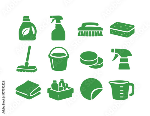 Solid vector icons of green cleaning supplies: natural detergent, cleaning spray bottle, scrub brush, sponge, mop, bucket, refill