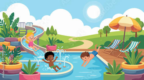 A lively illustration depicting children joyfully playing by a swimming pool, emphasizing fun, summer activities, and joyous childhood moments.