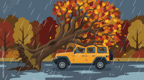 This dramatic scene captures a car trapped under a fallen tree during a storm, highlighting the forces of nature and the unpredictability of weather impacting daily life.