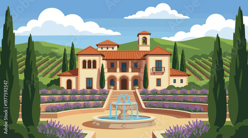 A picturesque Italian villa is depicted with lush gardens, fountains, and olive trees, creating an idyllic setting perfect for relaxation and embracing the beauty of rural life.