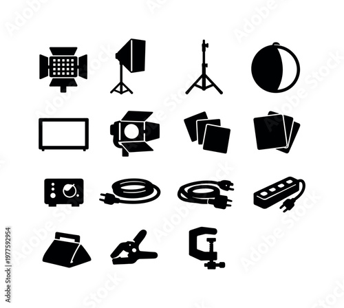 Solid vector icons of lighting setup: LED panel, softbox, light stand, reflector, diffuser, barn door, gel filter, dimmer, power