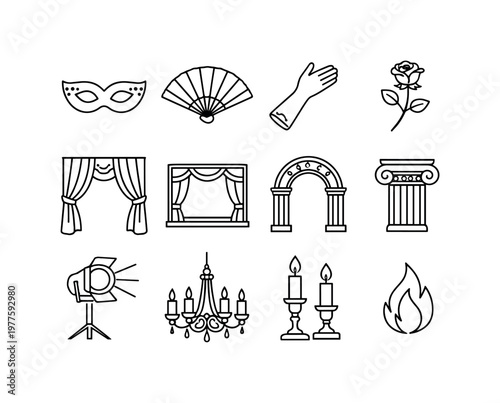 Line style vector icons of opera party aesthetic: mask, fan, glove, rose; curtain, stage, arch, column; spotlight, chandelier,
