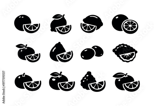 Solid vector icons of citrus fruits: orange, lemon, lime, grapefruit, tangerine, pomelo, mandarin, kumquat, citron, calamondin,