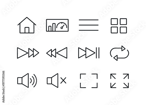 Line style vector icons of navigation button icons: home, dashboard, list, grid; forward, rewind, skip, repeat; volume, mute,