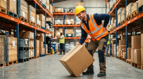 Warehouse worker experiencing lower back pain while lifting a heavy box. Male employee in a hard hat and safety vest grimacing from a muscle strain. Occupational hazard and workplace injury concept